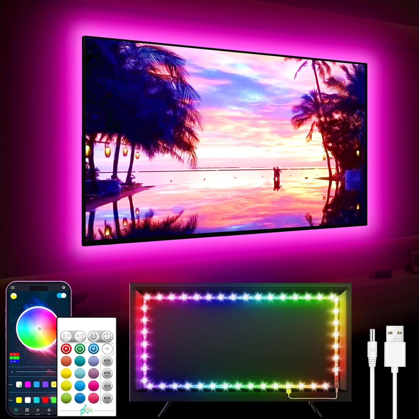 GIPOYENT TV Light Strip, Music Sync LED TV Backlight, for 32-60 Inch TV, LED TV Light with Bluetooth Function - RGB Color Changing Light Strip for Home Theater (9.8ft) 9.8FT for 35"-55"TV