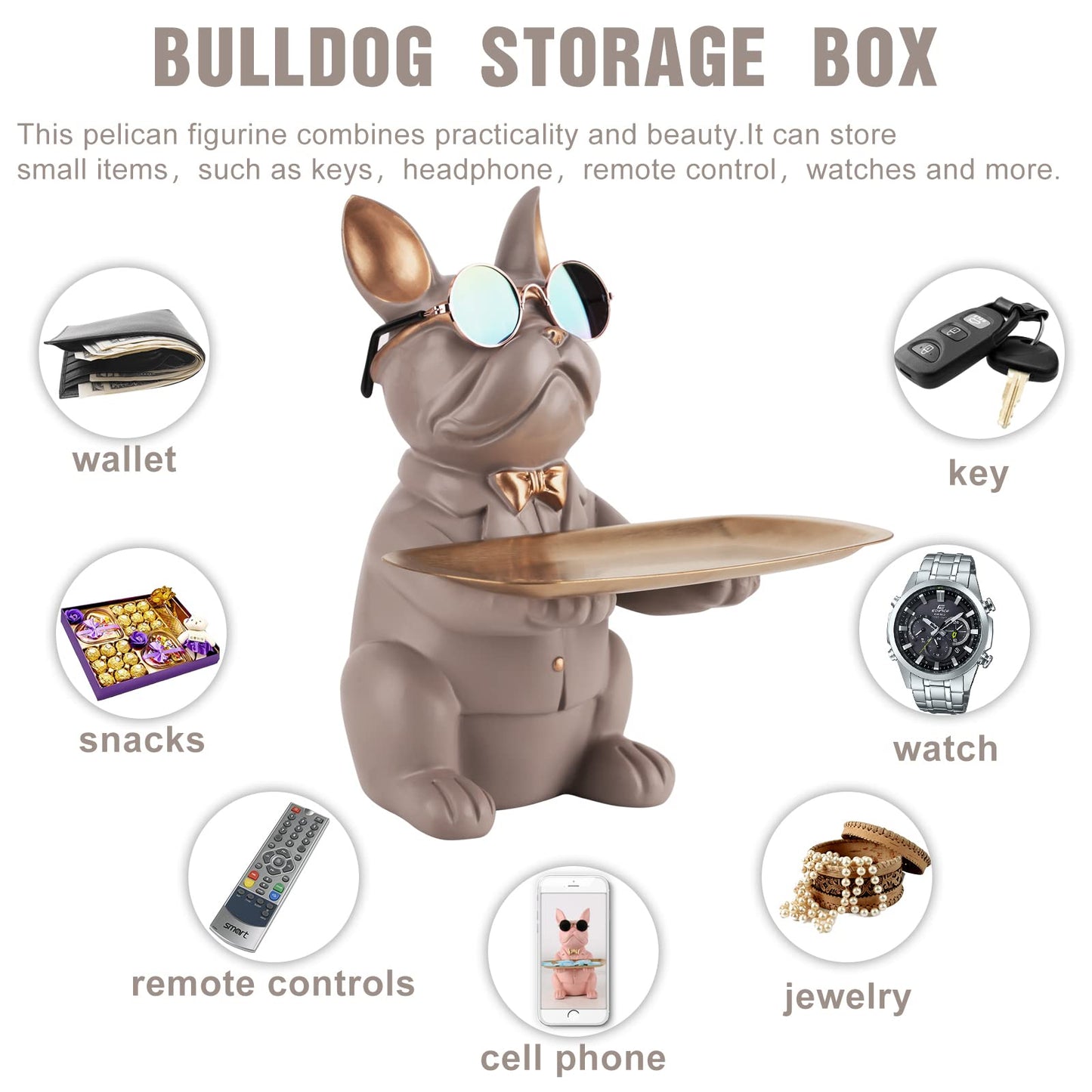 suruim Resin Bulldog Desk Storage Tray Statue Coin Piggy Bank Storage Animal Sculpture Table Decoration Multifunction Office Home Decor Coin Piggy Bank Storage (Brown) Brown