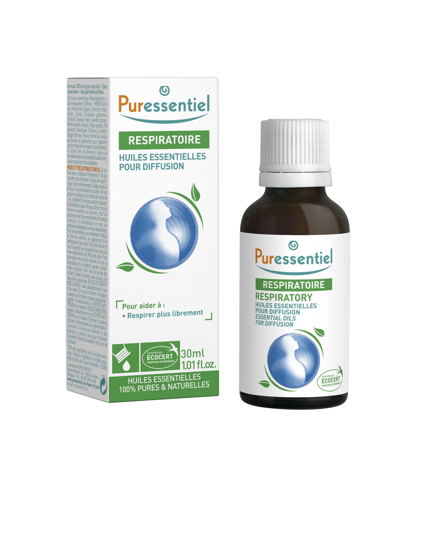 Puressentiel essential oils for diffuser, Respiratory Blend 30 ml - Aromatherapy, 100% Pure & Natural blend of essential oils, with Purifying & Soothing properties - Helps with first signs of cold