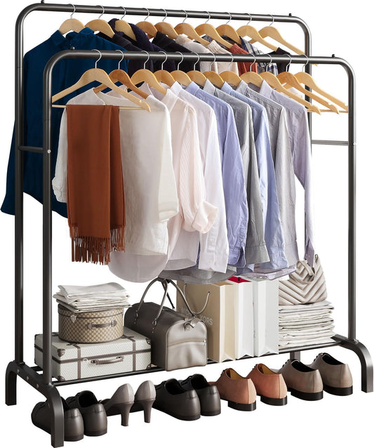 GISSAR Clothing Double-Rail Garment Rack with Shelves, Metal Hang Dry Clothing Rail for Hanging Clothes,with Top Rod Organizer Shirt and Lower Storage Shelf for Boxes Shoes Boots Black