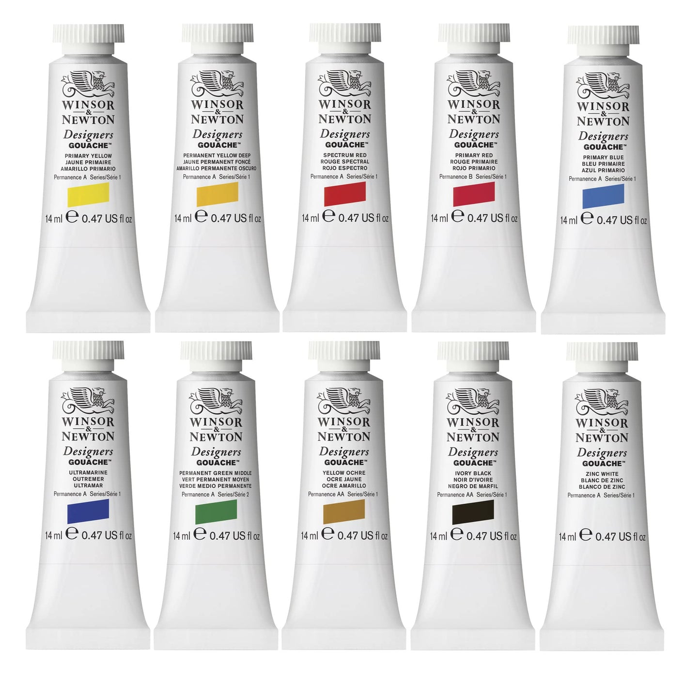 Winsor & Newton, Designers Gouache, Introductory Paint Set, 10 x 14 ml Tubes Assorted Colours Single