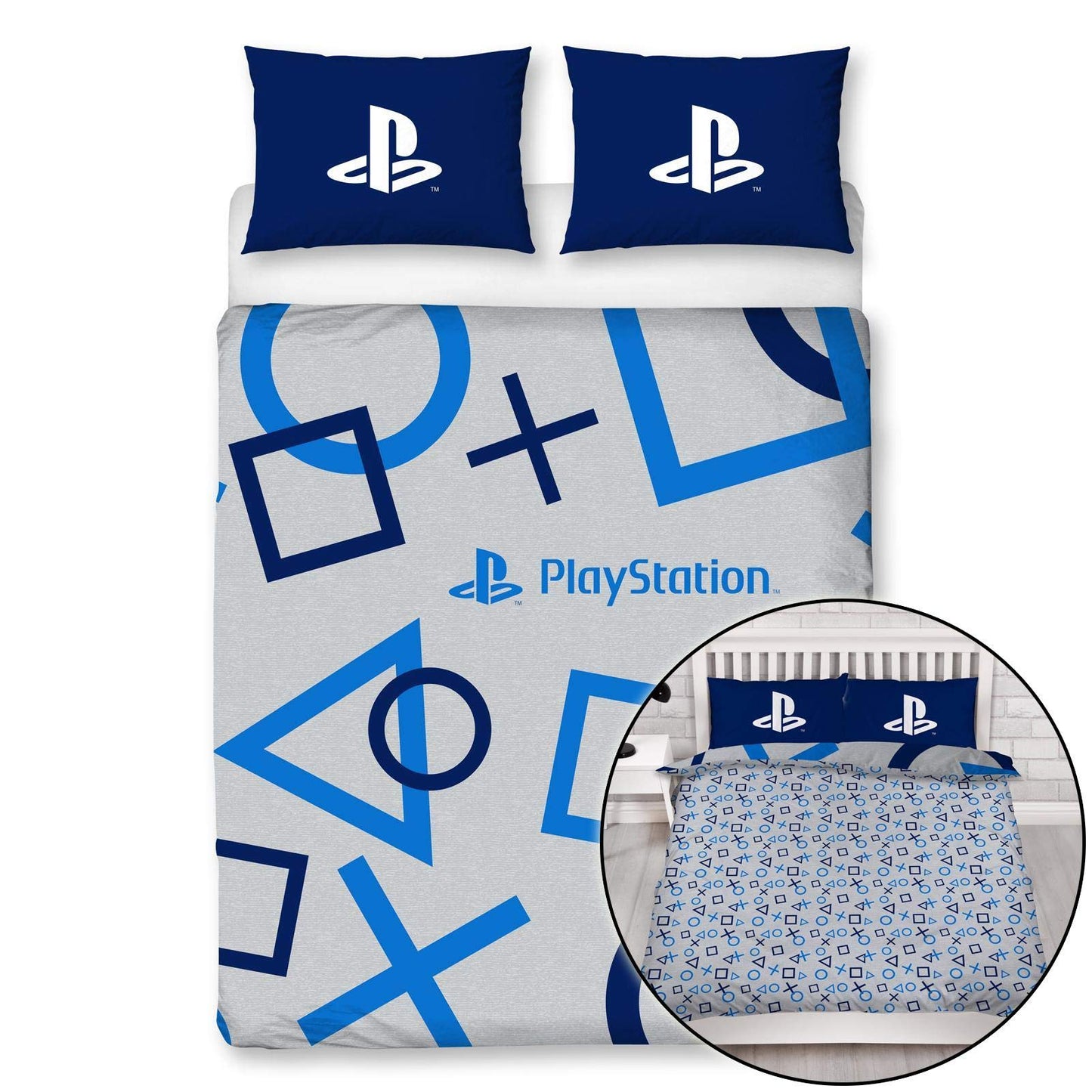 Character World PlayStation Blue Double Duvet Cover Officially Licensed Sony Reversible Two Sided Gaming Bedding Design with Matching Pillowcase, Polycotton, Blue, PYSBLEDD001UK2 Multicolor