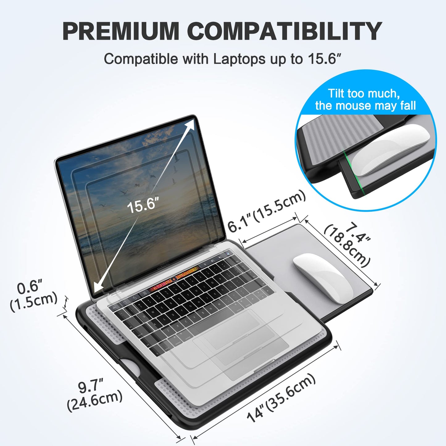 AboveTEK Portable Laptop Lap Desk w/Retractable Left/Right Mouse Pad Tray, Non-Slip Heat Shield Tablet Notebook Computer Stand Table w/Sturdy Stable Cooler Work Surface for Bed Sofa Couch or Travel Grey