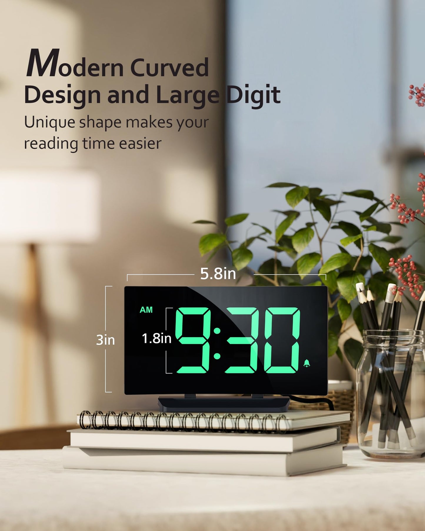 GOLOZA Digital Alarm Clock for Bedrooms, with Modern Curved Design, Conspicuous Green LED Numbers, 6 Levels Brightness, 2 Volume, 3 Tones, Snooze, Power-Off Memory, 12/24H, Bedside 3#green Digit