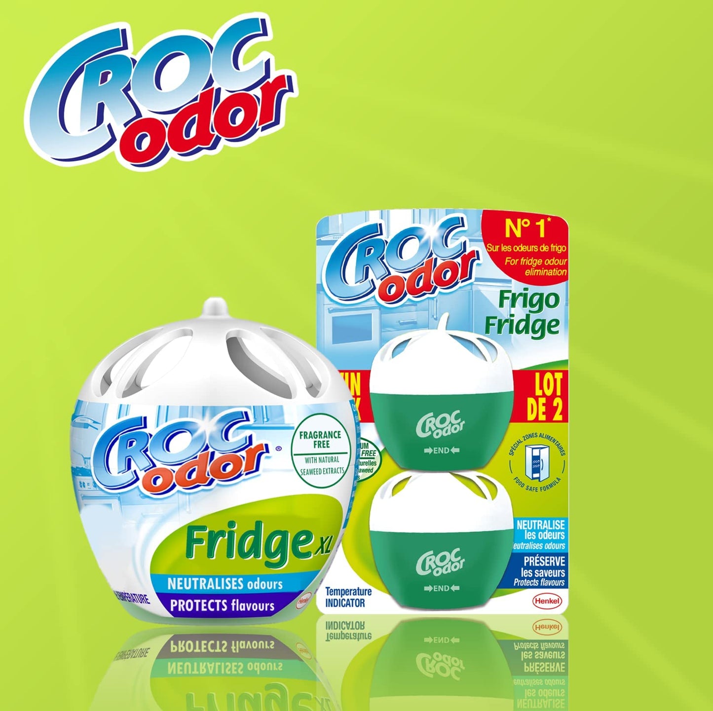 Croc'Odor Fridge Deodoriser, Twin Pack, Unscented, Food Safe Formular with Temperature Indicator - 2 x 33 g, Packaging may vary