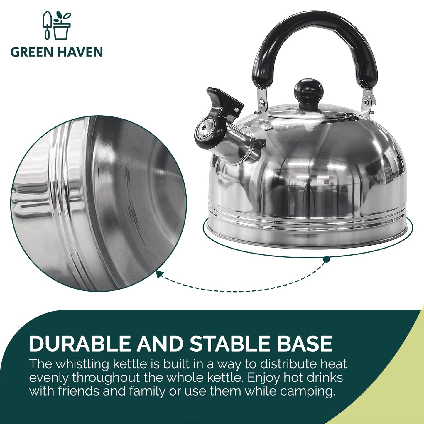 Green Haven Camping Whistling Kettle in 2L | Camping Kettle for Gas Stove, Electric Stove, Camp Fire | Portable Travel Teapot Coffee Mug with Folding Safe Handle & Spout | Strong Steel Boiling Pot Silver