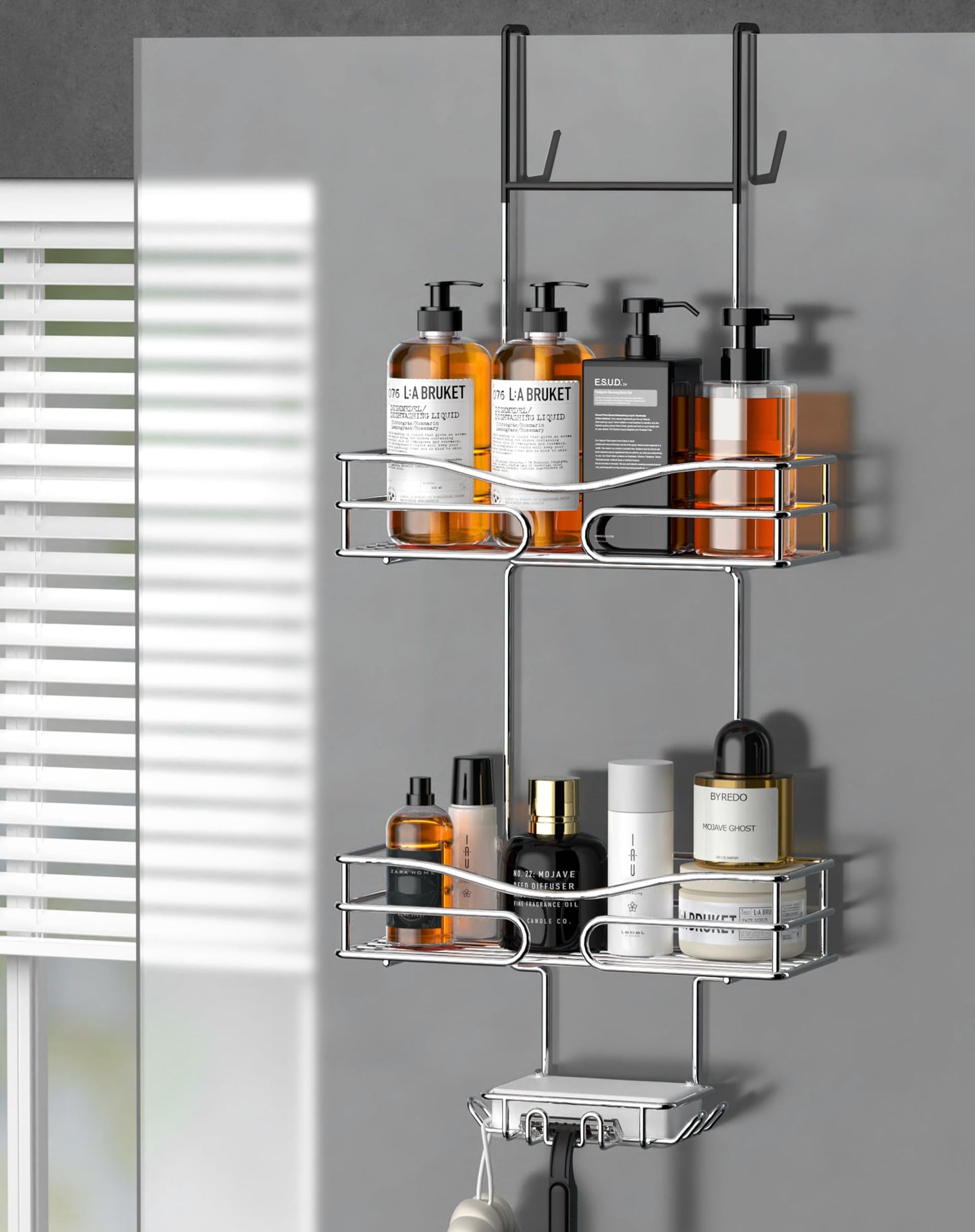 Cooeco Shower Caddy Hanging - Over Door Shower Caddy 2-tier Bathroom Shower Shelf with Soap Holder and Hooks, Stainless Steel Shower Storage no Drill Hanging Shower Organiser, Rust Proof… three-tier Silver