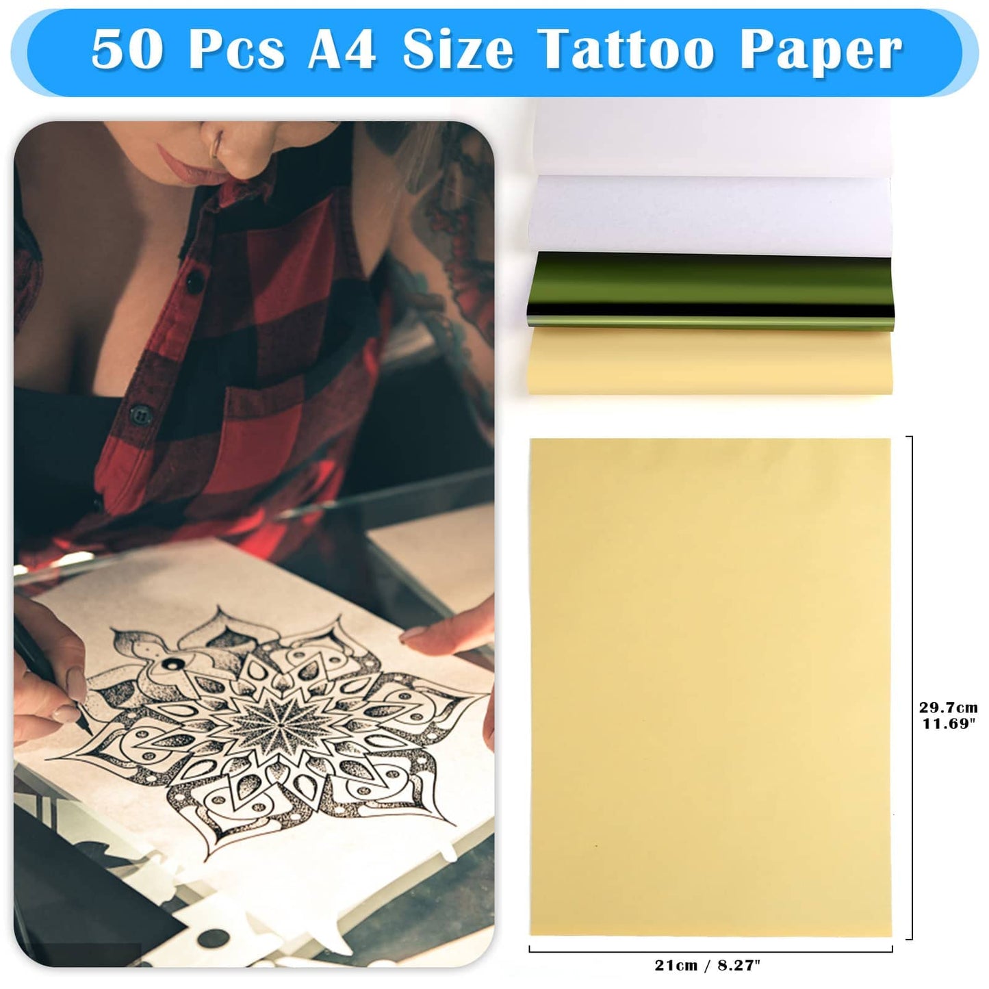 50 Sheets Tattoo Transfer Paper, Cridoz Tattoo Stencil Paper for Tattooing, Transfer Paper for Tattooing, A4 Size 8 1/4" x 11 3/4" 50 Sheets