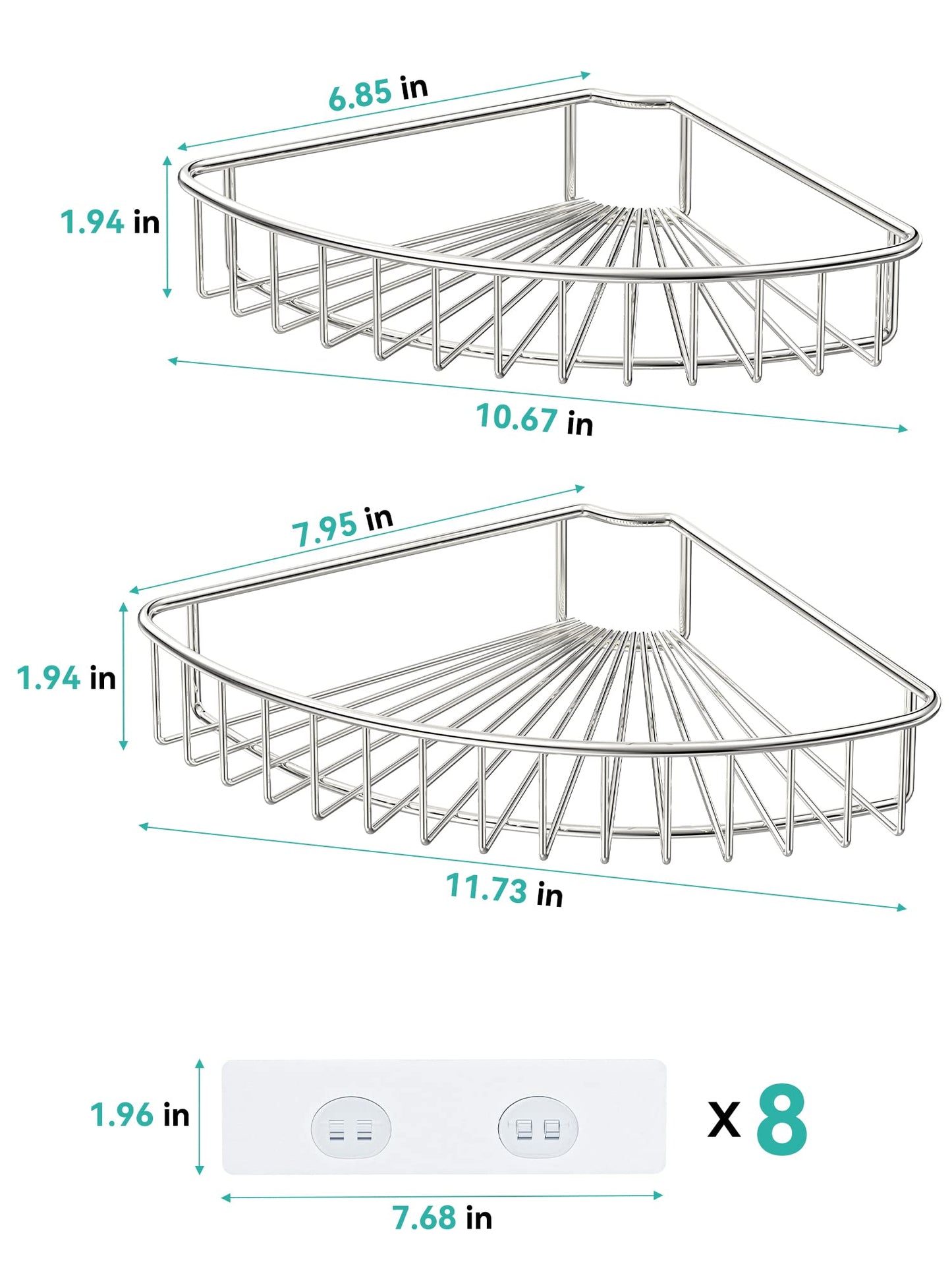 HEETA 2-Pack Corner Shower Caddy, Wall Mounted Shower Storage Basket Shelve Adhesive, Bathroom Shelves Organiser for Shower Toilet Dorm Kitchen, SUS304 Stainless Steel No Drilling (Silver) 22*22*5cm Silver