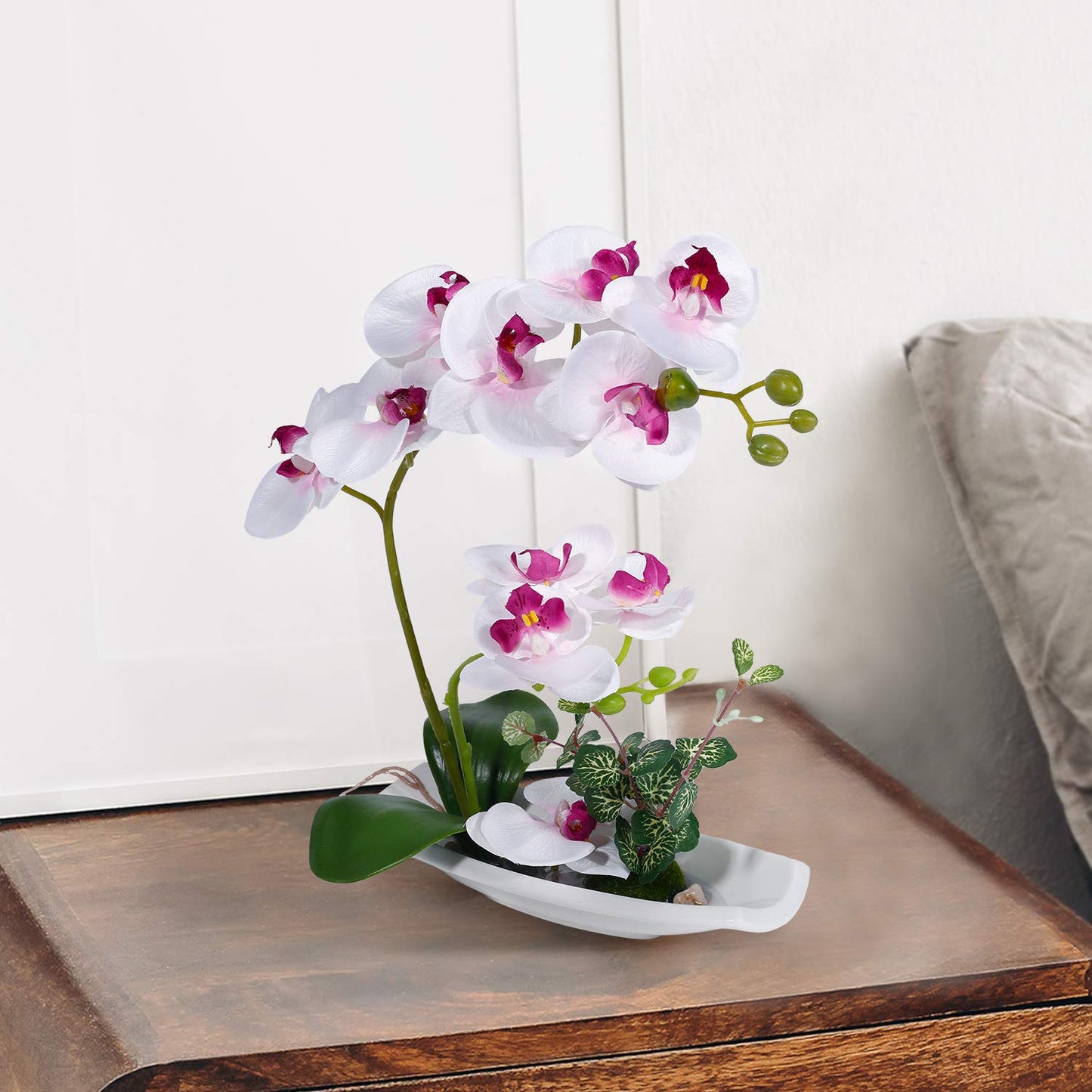 RENATUHOM Artificial Orchid Flower White Orchid Fake Flowers Mothers Day Orchid Silk Flower Arrangements Purple Flowers with Porcelain Vase Bonsai Decoration White Purple Orchid