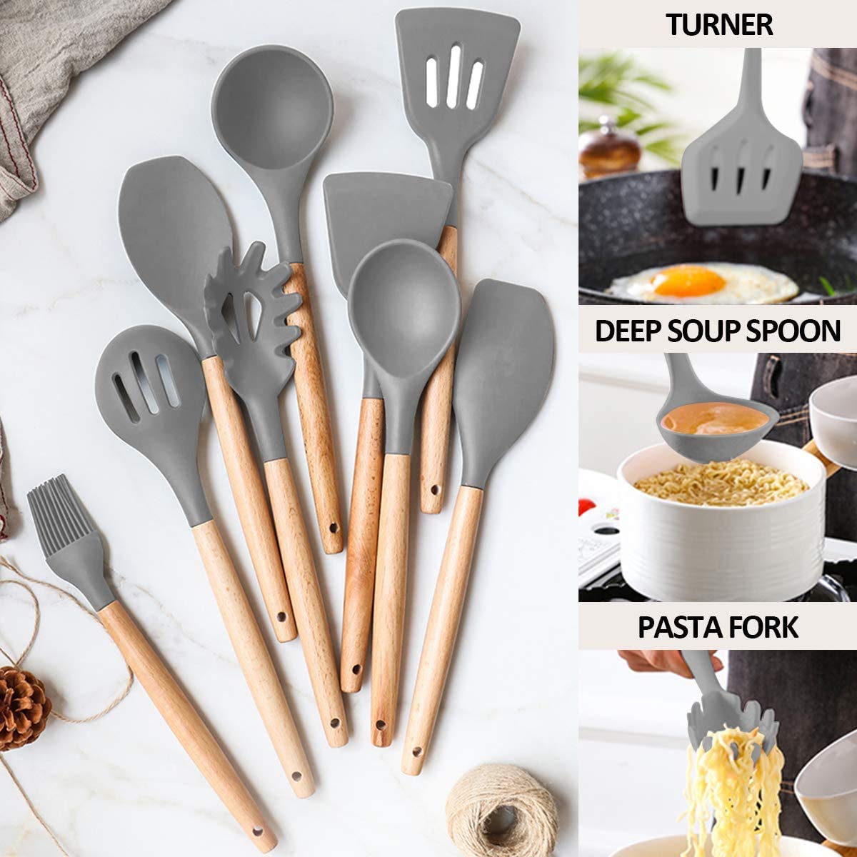 Umite Chef Kitchen Cooking Utensils Set, 24 pcs Non-Stick Silicone Cooking Kitchen Utensils Spatula Set with Holder, Wooden Handle Heat Resistant Silicone Kitchen Gadgets Utensil Set (Gray) Grey