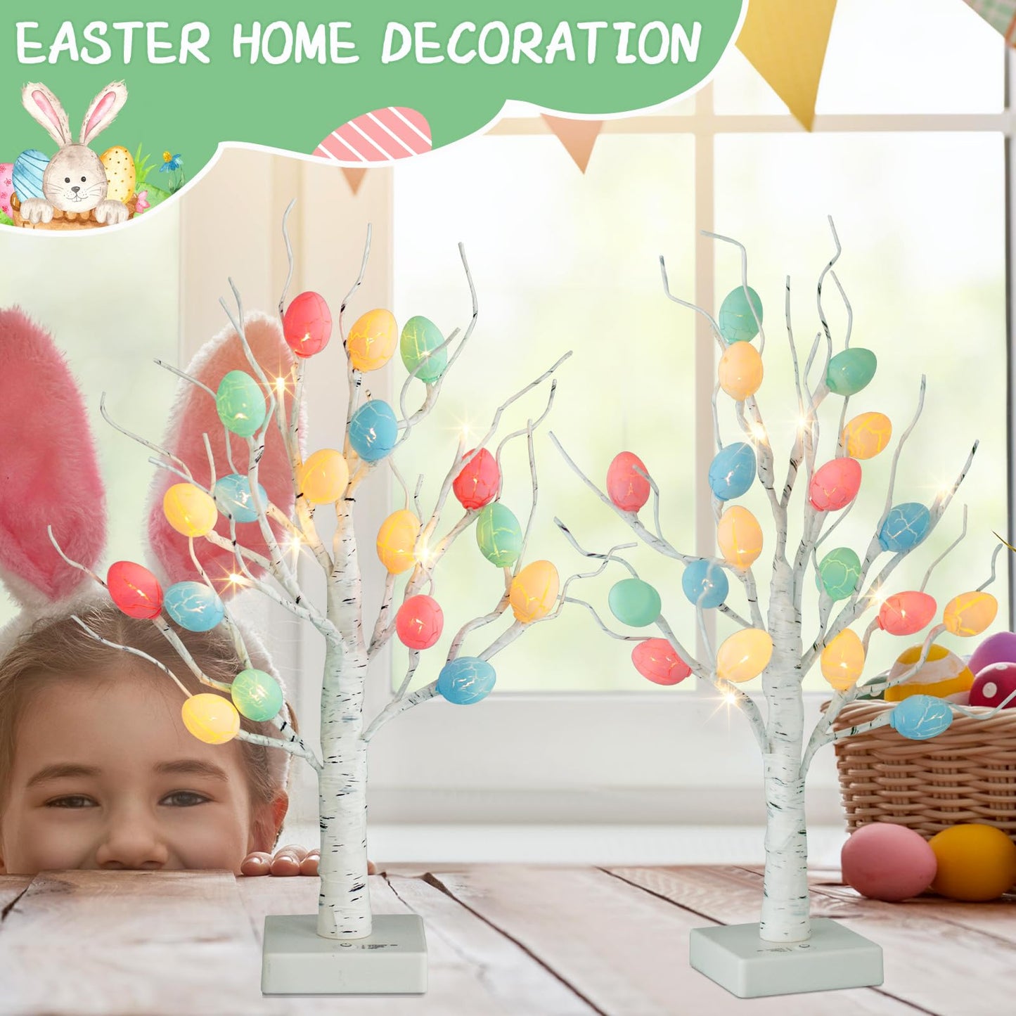 Eambrite Set of 2 Easter Decorations Eggs Tree for Home Table Decor, White Twig Tree Battery Operated with Timer, Easter Gifts for Kids and Adults (22'', 24 Warm White LED)