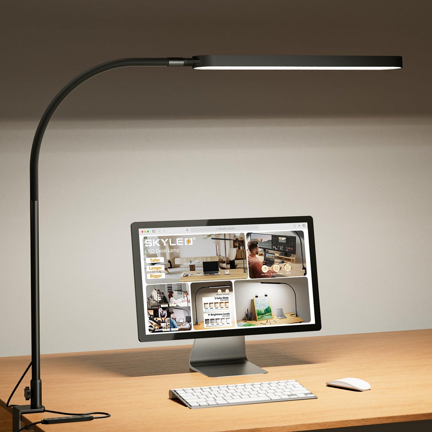 SKYLEO LED Desk Lamp - 85cm Desk Light - Touch Control - 5 Color Modes X 11 Brightness Levels - 1300LM(112 Pcs Lamp Beads) - Timmer & Memory Function - 12W Clip on Light - Black 85cm with Clamp