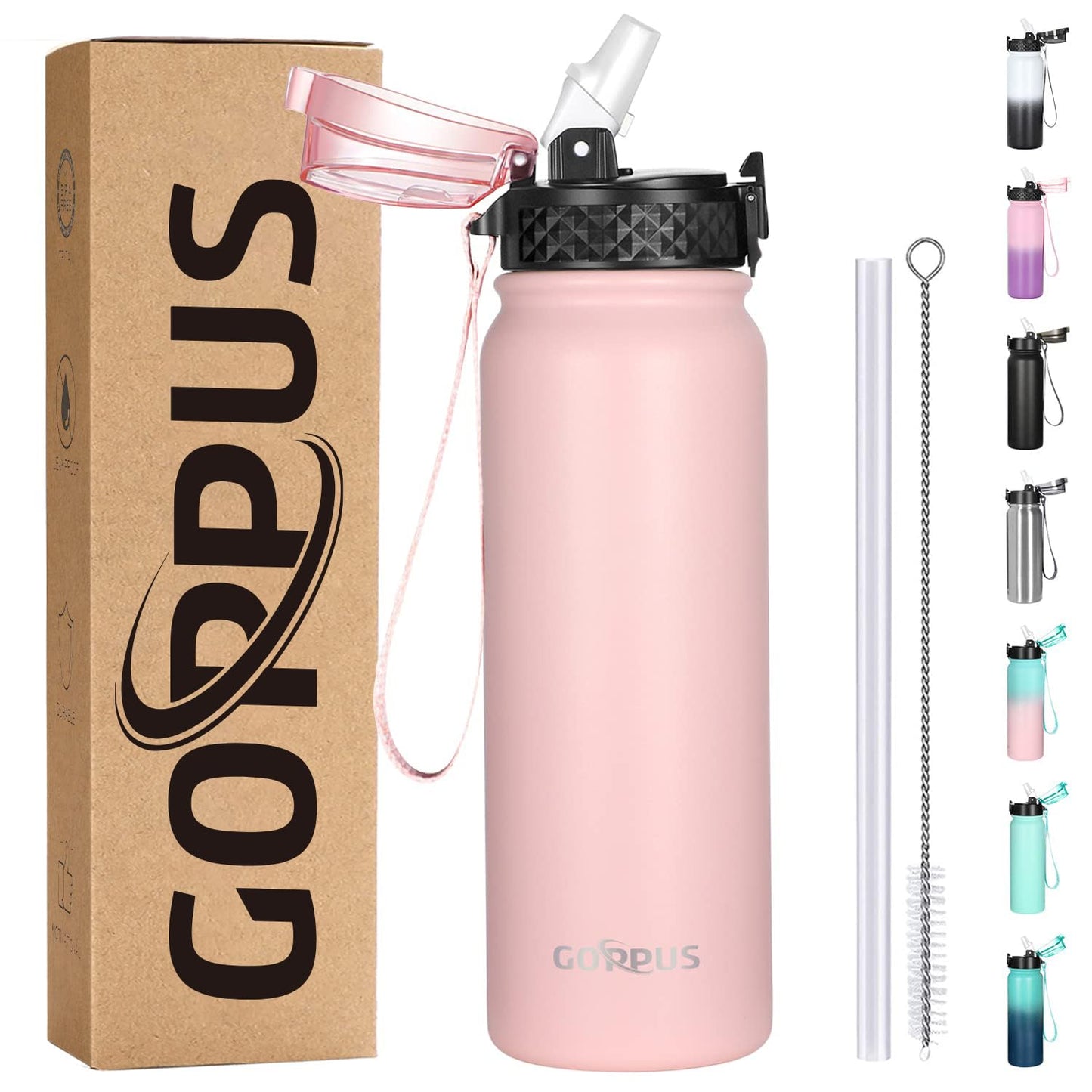 GOPPUS 600ml/20oz Stainless Steel Water Bottle with Straw Insulated Sports Bottle Cold Flask with Straw Double Walled Flip up Metal Water Bottles Leakproof Water Bottle for Gym Sports Pink 1 Lid