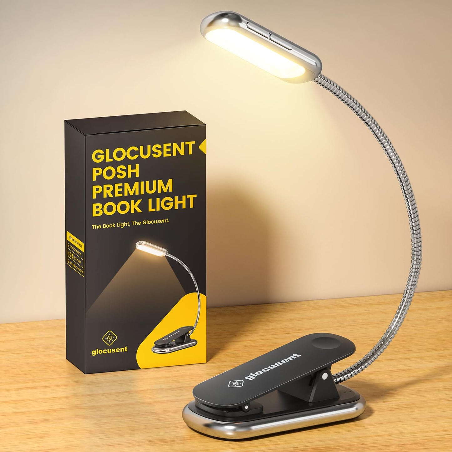 Glocusent Posh Premium Reading Light for Books in Bed with Timer, 16-LED Rechargeable Book Light Runs 160hrs, 1800K Eyecaring Clip on Reading Light, 3 Colors & 5 Brightness Levels, Perfect for Readers Black