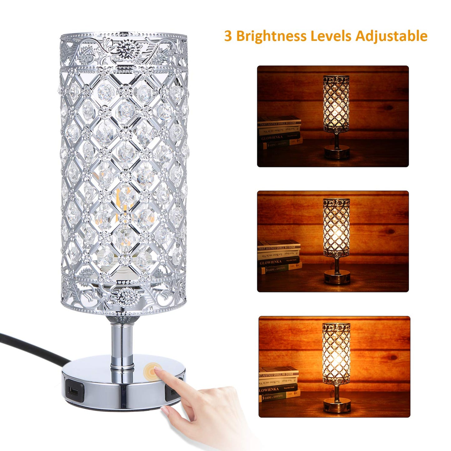 Tomshine Touch Control Crystal Bedside Lamp with Dual USB Port 3-Way Dimmable Table Lamp with E27 Glitter Lampshade for Bedrooms Living Room(LED Bulb Included) (Silver),LT132UK 1 Pack Silver