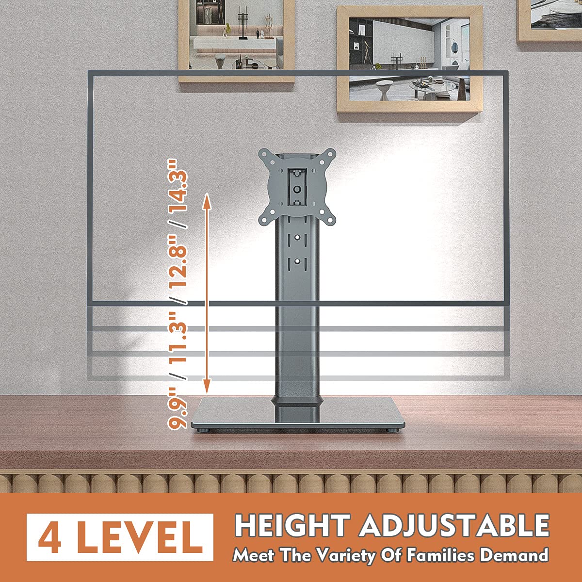 Universal Swivel TV Stand/Base Table Top TV Stand for 13 to 32 inch TVs with 100 Degree Swivel, 4 Level Height Adjustable, Heavy Duty Tempered Glass Base, Holds up to 35kg HT07B-001P