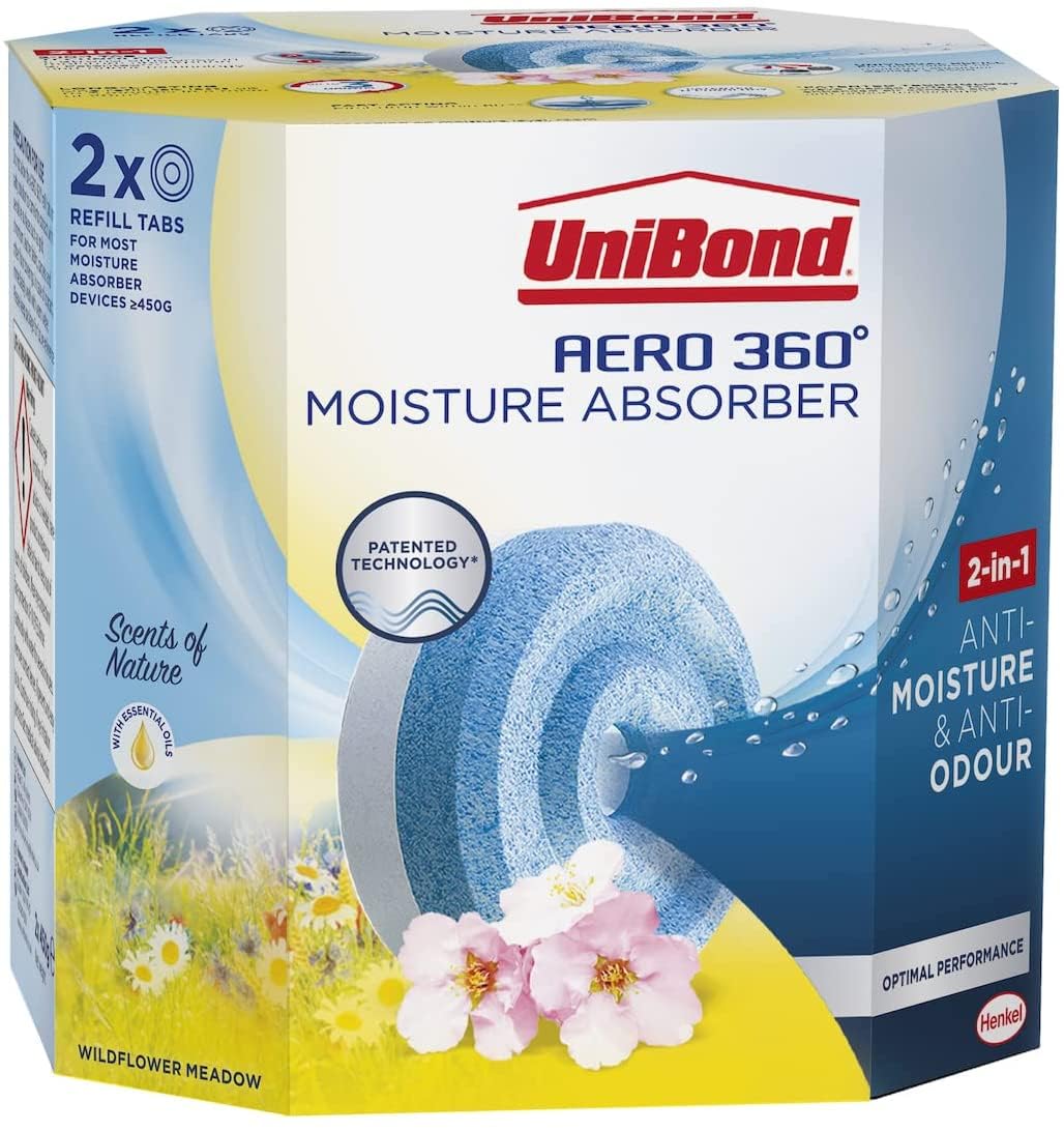 UniBond AERO 360° Moisture Absorber Wildflower Meadow Refill Tab, Aromatherapy, Ultra-Absorbent and Odour-Neutralising, for AERO 360° Dehumidifier, Condensation Absorbers, Twin Pack (2 x 450g)