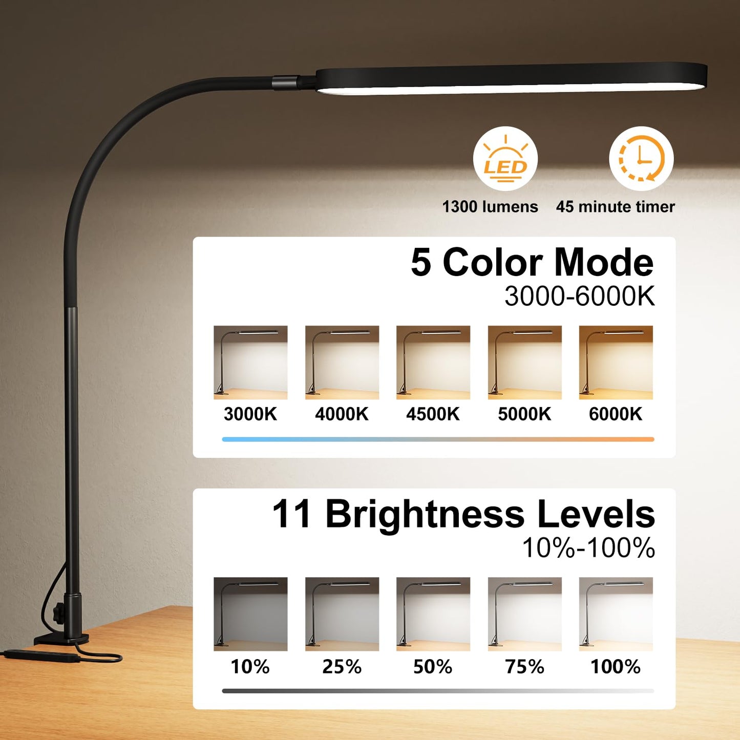 SKYLEO LED Desk Lamp - 85cm Desk Light - Touch Control - 5 Color Modes X 11 Brightness Levels - 1300LM(112 Pcs Lamp Beads) - Timmer & Memory Function - 12W Clip on Light - Black 85cm with Clamp