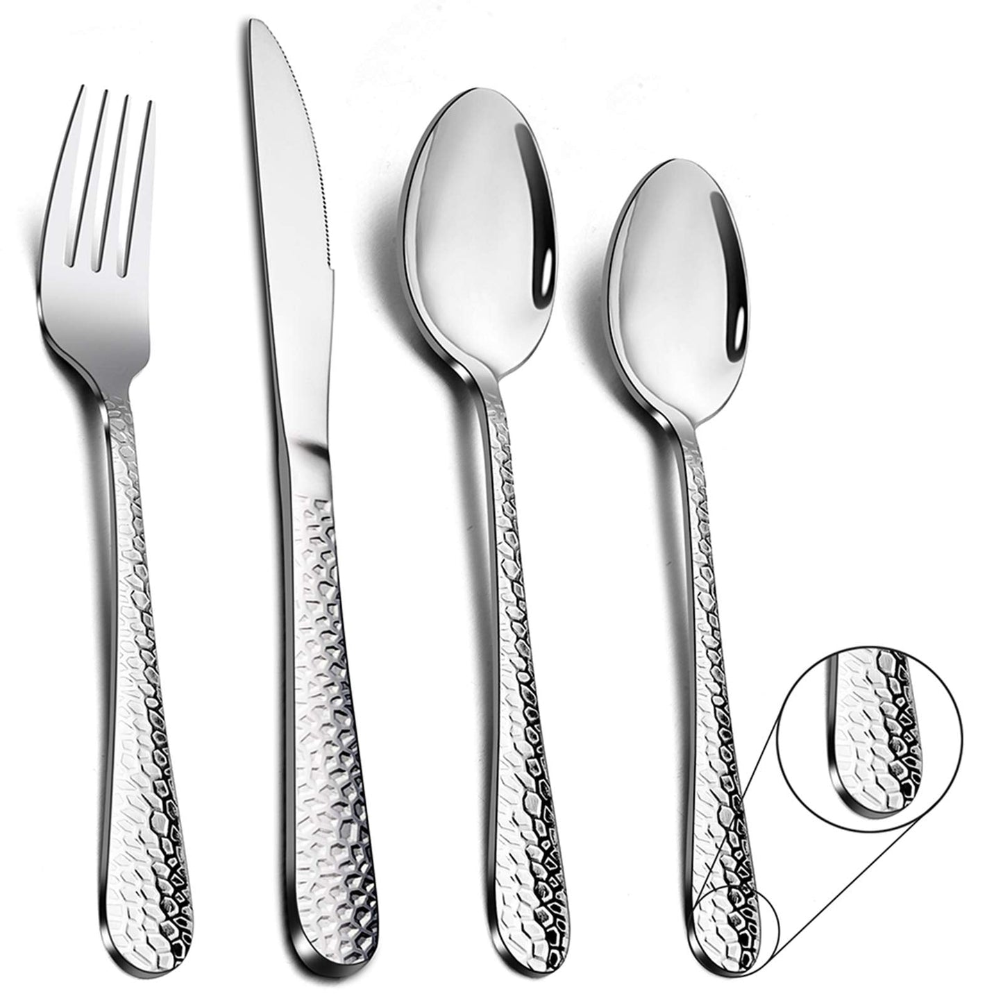 Cutlery Set, 24 Piece Hammered Flatware Cutlery Sets, Stainless Steel Silverware Set for Home/Office/Party, Knife Fork Spoon Eating Utensils Set Service for 6, Mirror Polish & Dishwasher Safe