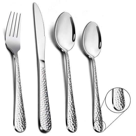 Cutlery Set, 24 Piece Hammered Flatware Cutlery Sets, Stainless Steel Silverware Set for Home/Office/Party, Knife Fork Spoon Eating Utensils Set Service for 6, Mirror Polish & Dishwasher Safe