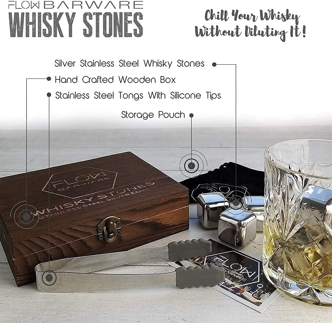 FLOW Barware Whisky Stones Gift Set | 9 Stainless Steel Whisky Stones | Whiskey Stone Gift for Dad | Whiskey Stone Gift Set with Wooden Box | Whiskey Stone with Storage Pouch | Silver