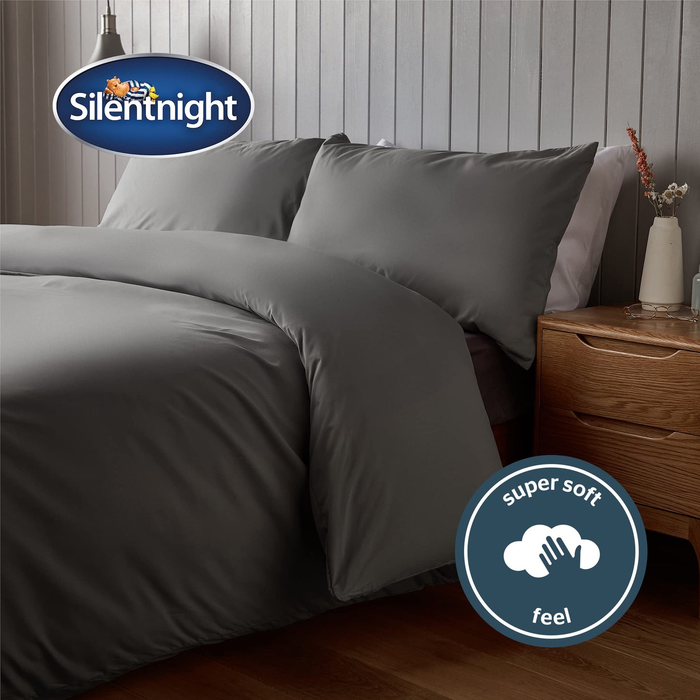 Silentnight Supersoft Collection Charcoal Duvet Cover Set. Supersoft Snuggly Easy Care Duvet Cover Quilt Bedding Set - Double (200cm x 200cm) + 2 Matching Pillowcase