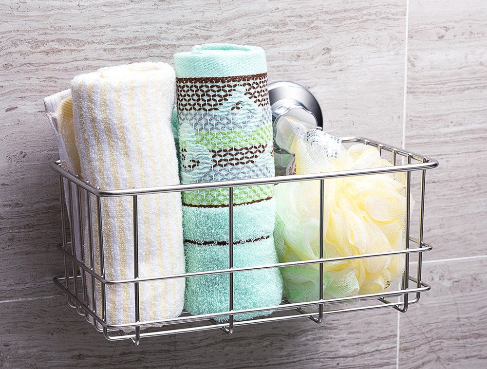 SANNO Suction Shower Caddy Shower Organiser Basket Shelf with Super Strong Suction Cups, Bath Organizer Kitchen Storage Basket for Gel Holder Bathroom Storage Shampoo, Conditioner -2 Packs Pack of 2