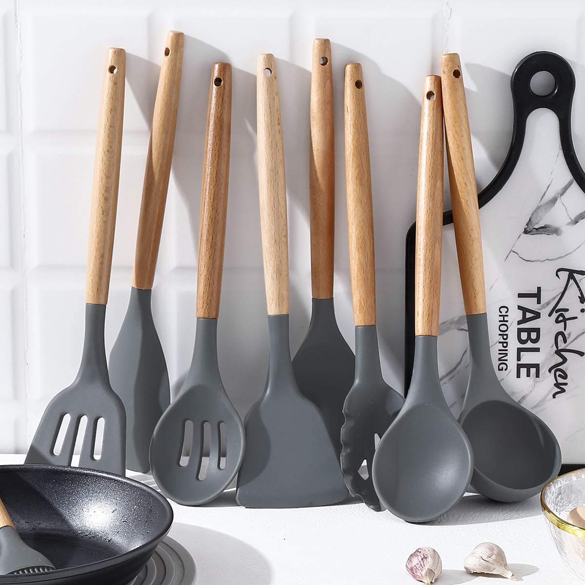 Umite Chef Kitchen Cooking Utensils Set, 24 pcs Non-Stick Silicone Cooking Kitchen Utensils Spatula Set with Holder, Wooden Handle Heat Resistant Silicone Kitchen Gadgets Utensil Set (Gray) Grey