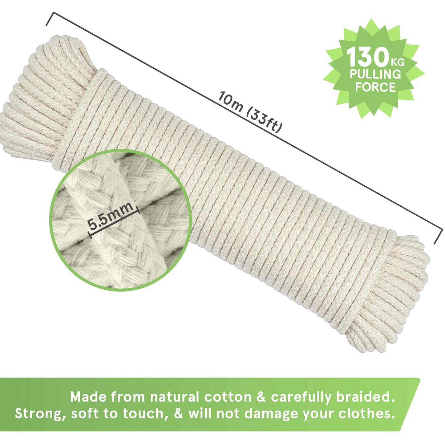 “The Strongest” Natural Cotton Clothesline Pulley by Smith’s® | 10m/33ft X 5.5mm | Soft Braided 130kgs Pulling Force Rope | Snag & Tear Resistant | 1 Year Guarantee! 10m (33ft)