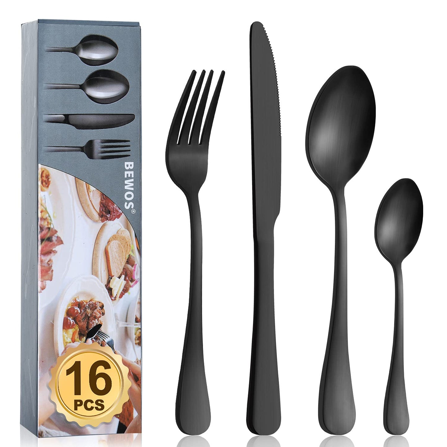 Cutlery Set, BEWOS 16 Piece Matt Black Stainless Steel Flatware Set, Silverware Tableware Set with Spoon Knife and Fork Set, Service for 4, Easy Clean/Dishwasher Safe 16p Black 16 Pieces