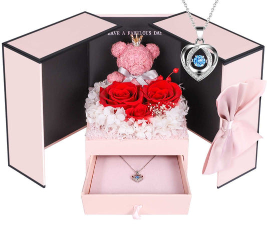 ADDWel Forever Rose Necklace Gift Box for Girlfriend, Cute Preserved Roses Gifts for Her with 925 Sterling Silver Necklace on Xmas, Mothers Day, Birthday and Valentine's Day From Son Red Roses Valentines day gifts for her