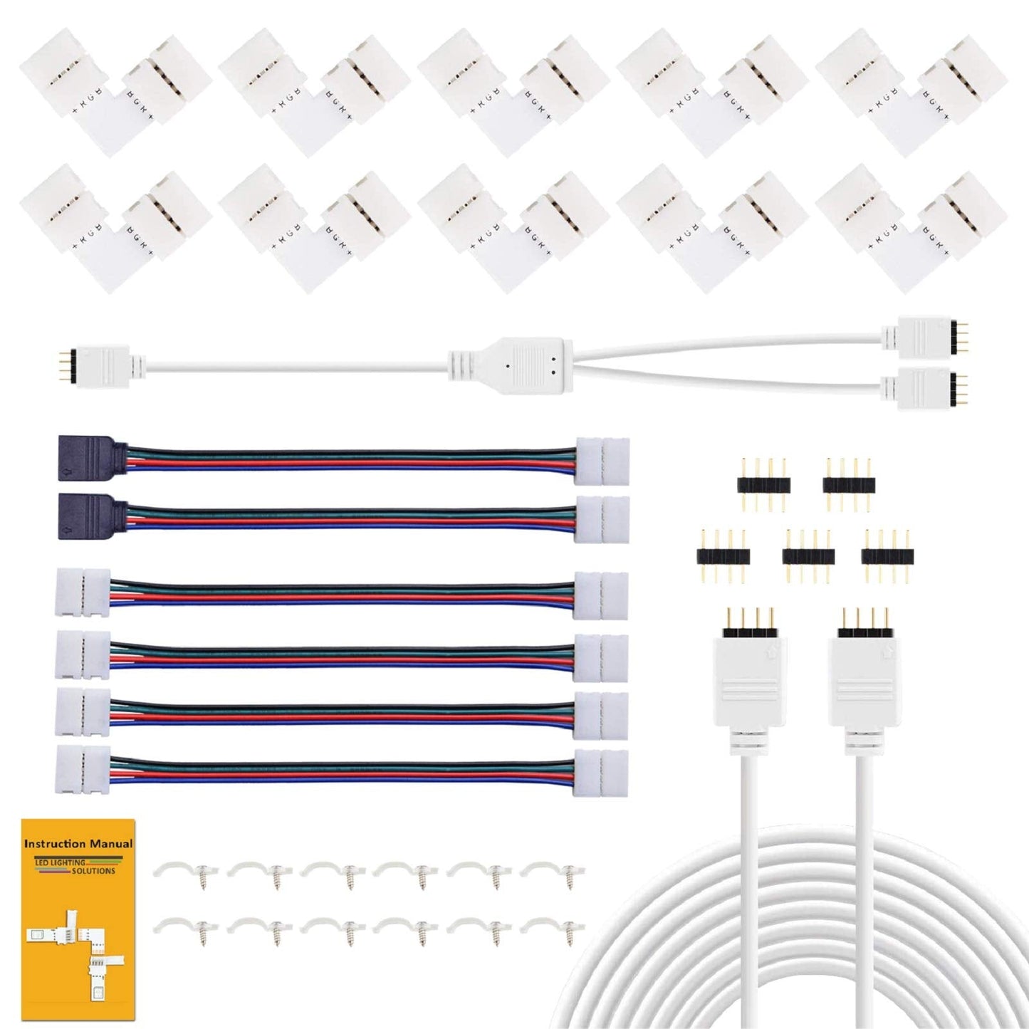 REDTRON LED Light Connector Kit, 10mm RGB LED Connector Includes 10x L Shape Connectors,2M LED Strip Light Extension Cable,4X Strip to Strip Jumpers,5X 4 Pin Male Connectors LT071,35Pcs Connectors Set