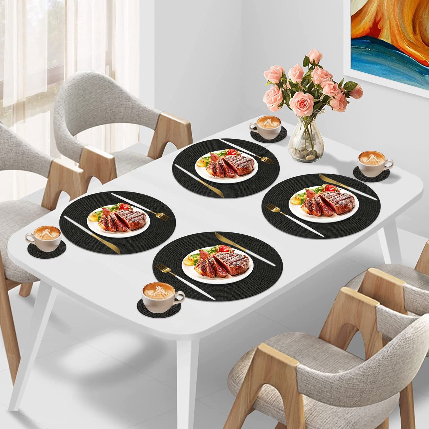 Homcomodar Round Table Place Mats with Coasters Set of 8 Black Heat Resistant Placemats Set Round Woven Table Mats for Dining/Kitchen Tables set of 8 placemats and coasters B-01-black