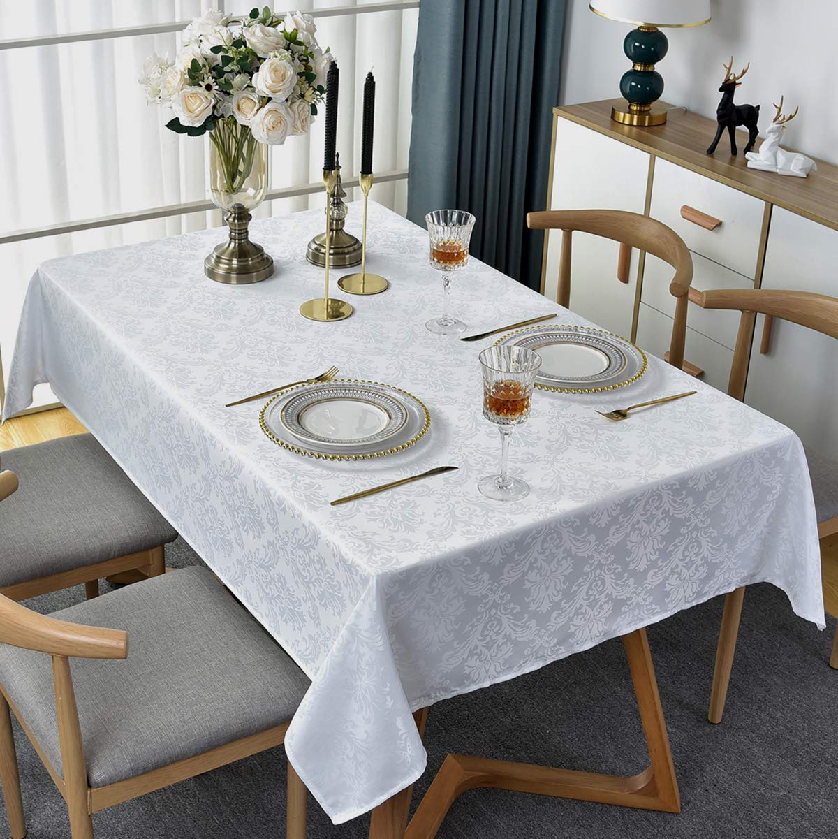 Rectangle Tablecloth -152 x 305CM White Damask Table Cloth Jacquard Design Spill Proof Wrinkle Resistant Waterproof Soft Polyester Oblong Table Cover for Kitchen Parties Tabletop White Damask Design Rectangle/Oblong,150x 305cm(10-12 Seats)