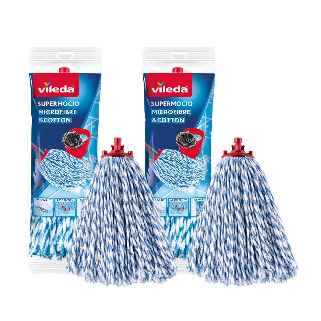 Vileda SuperMocio Microfibre and Cotton Refill, Pack of 2 SuperMocio Microfibre and Cotton Mop Head Replacements, Fits all SuperMocio Mops, Authentic Vileda Mop Head, White, 18 x 10 x 37 cm Mopheads