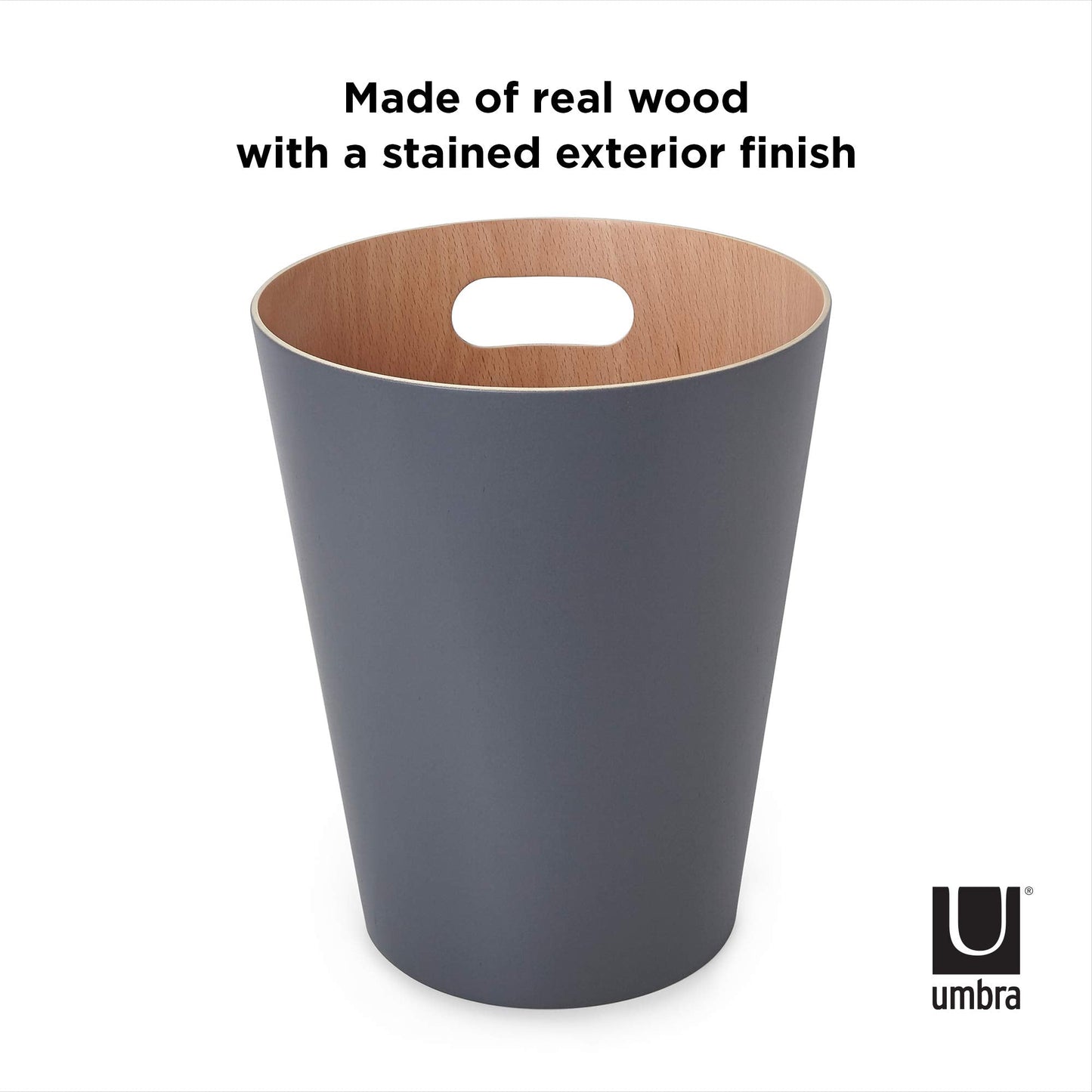 Umbra Woodrow 2 Gallon Modern Wooden Trash Can, Wastebasket, Garbage Can or Recycling Bin for Home or Office, Natural/Charcoal