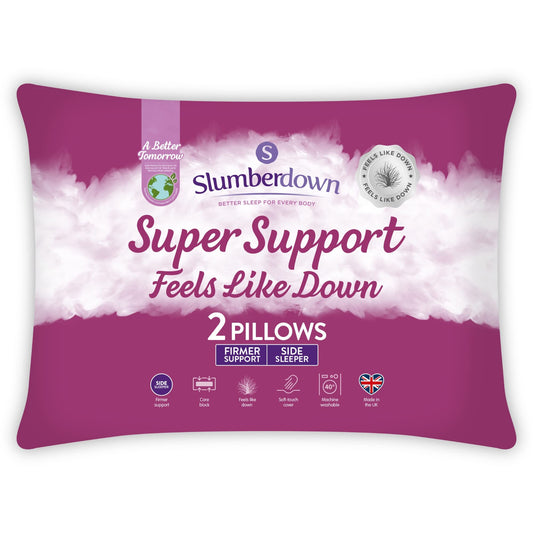 Slumberdown Feels-Like-Down Super Support Pillows 2 Pack - Firm Support Side Sleeper Pillows for Neck and Shoulder Pain Relief - Supportive, Hypoallergenic, UK Standard Size (48cm x 74cm) Super Support - Feels Like Down