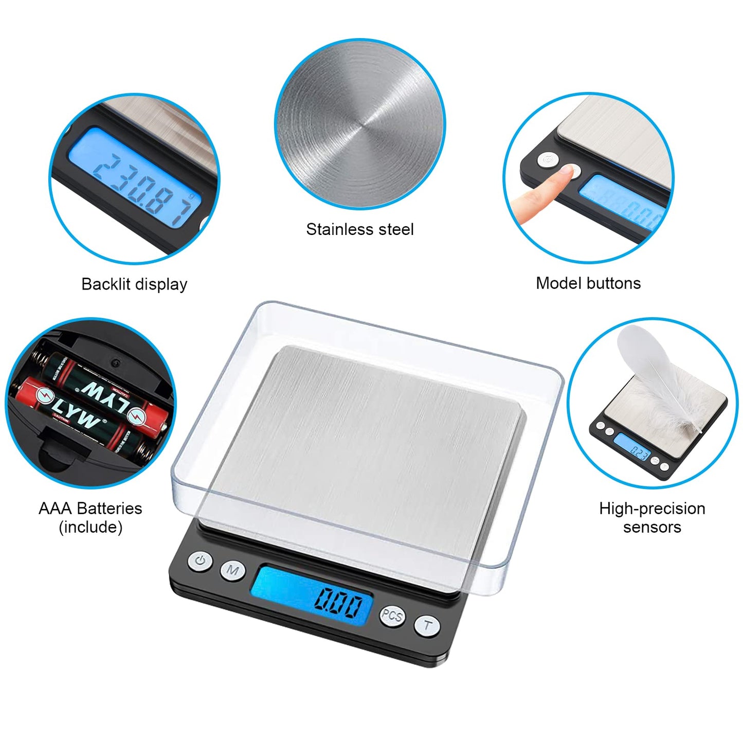 GRIFEMA GA2003 Digital Kitchen Scales with Trays, 500g/0.01g Food Weighing Scales Kitchen, Pocket Scales with Backlit LCD Display (Batteries Included) 0.01-500g Single