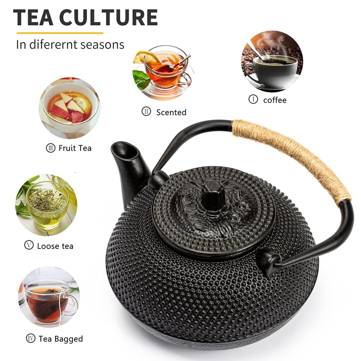 SUSTEAS Teapot Japanese Tetsubin Cast Iron Tea Kettle with Stainless Steel Infuser Black 900ml