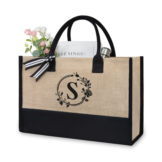 TOPDesign Initial Jute/Canvas Tote Bag, Personalized Present Bag, Suitable for Wedding, Birthday, Beach, Holiday, is a Great Gift for Women, Mom, Teachers, Friends, Bridesmaids S