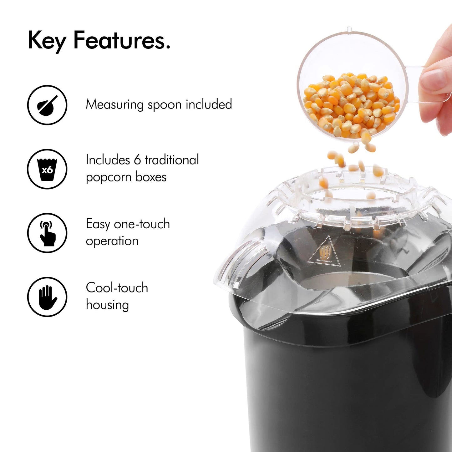 VonShef Popcorn Maker – 1200W Popcorn Machine with Hot Air Circulation, One Touch Popcorn Popper, Fat & Oil Free Snacks for Kids w/ 6 Boxes - Black