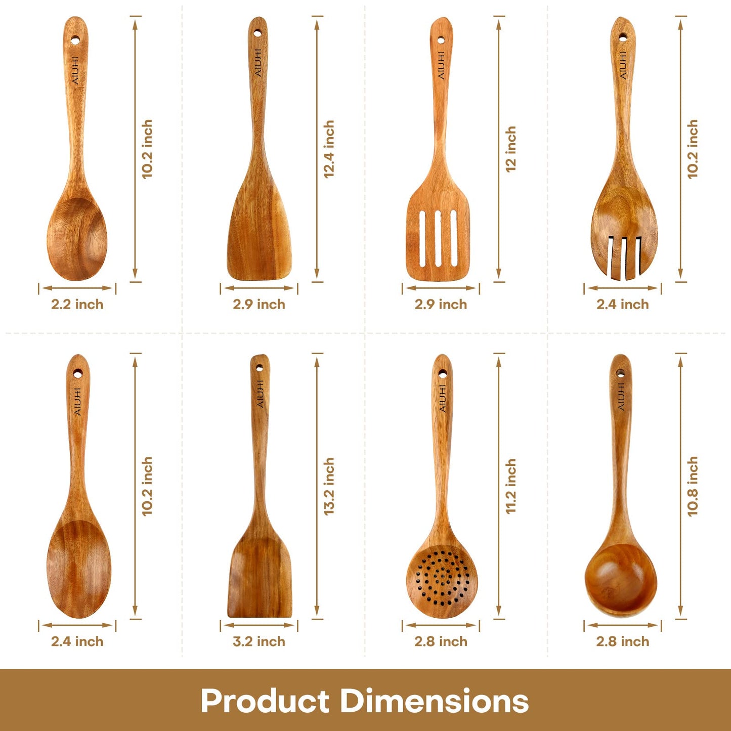 Wood Spoons for Cooking,Nonstick Kitchen Utensil Set,Wooden Spoons Cooking Utensil Set Non Scratch Natural Teak Wooden Utensils for Cooking(Teak 8 Pack) Teak 8 Pack