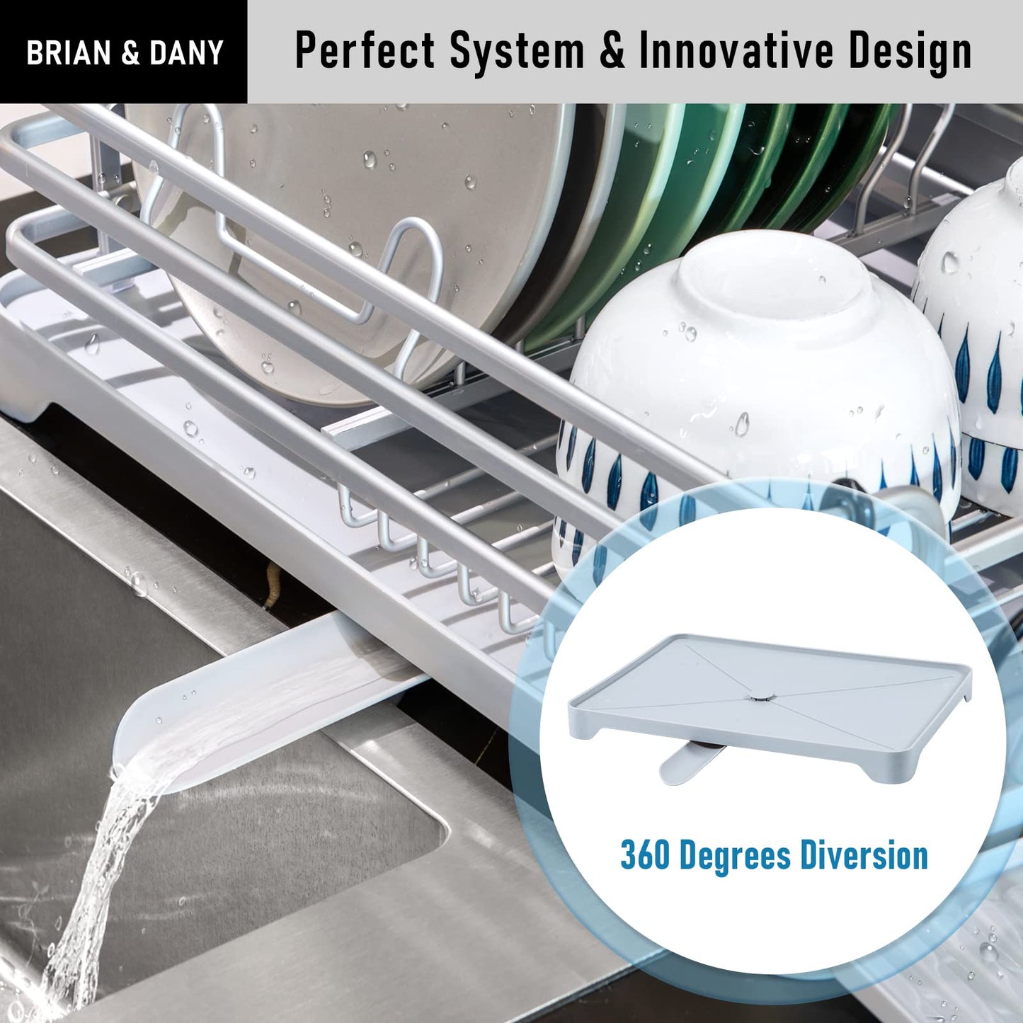 BRIAN & DANY Aluminum Dish Drainer, Dish Drying Rack with Removable Cutlery Holder & Cup Holder, Unique 360° Swivel Spout Drain Board, Grey