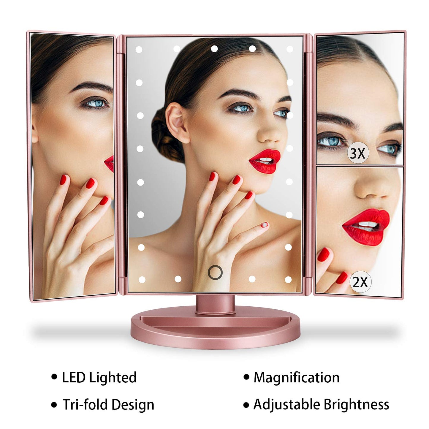 deweisn Lighted Vanity Makeup Mirror with 3X/2X/1X Magnification, 21 LED Lights and Touch Screen Dimmable Mirror, Two power Supply Mode Tabletop Makeup mirror,Travel Cosmetic Mirror(Rose Gold) Rose Gold