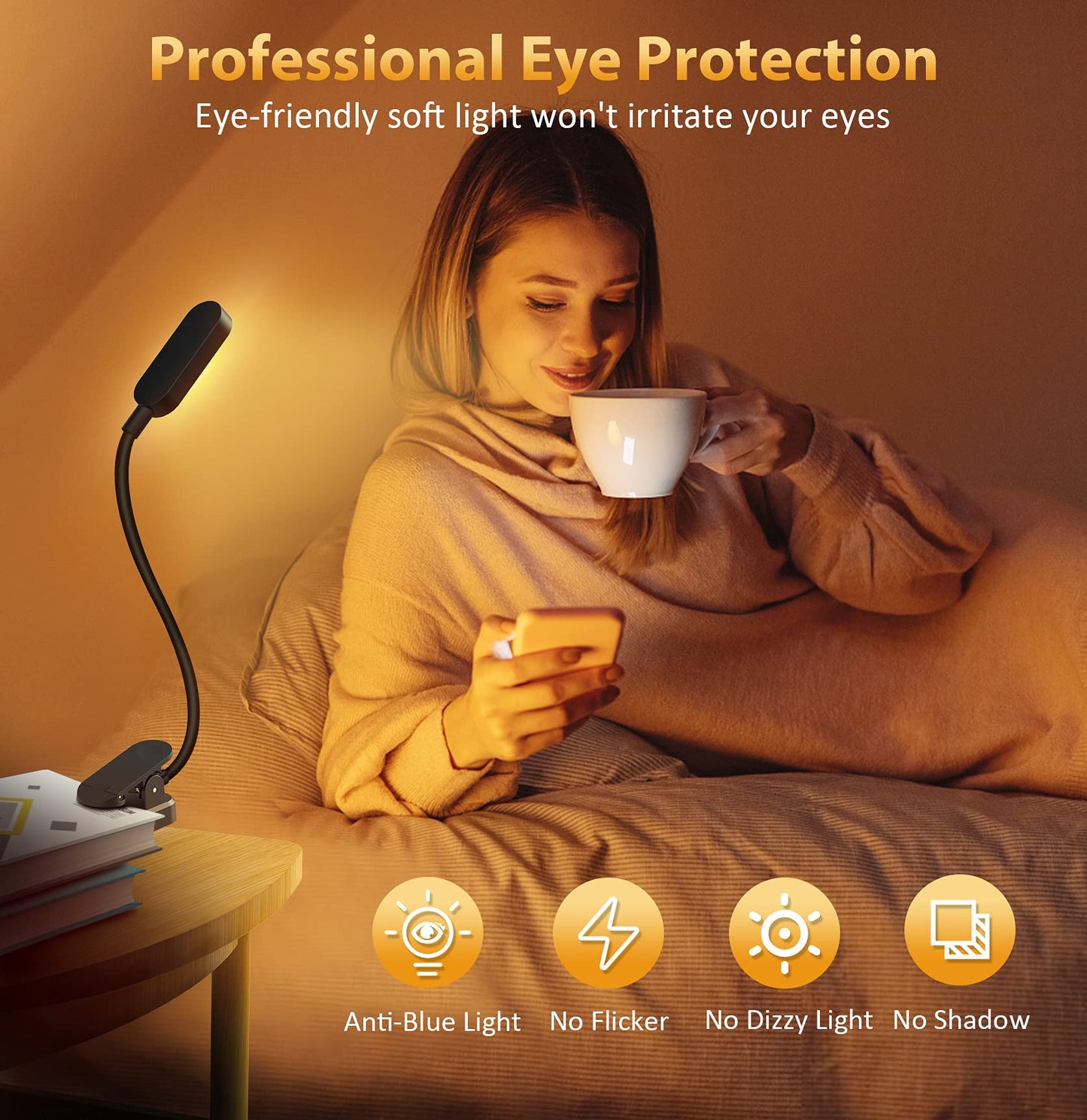 16 LED Book Light,Clip Light with Flexible Neck,USB Rechargeable Reading Light Clip on Book,Anti-Blue Light Eye Care Reading Lights for Books in Bed,Stepless Dimming,3 Color&3Brightness Modes Blcak 1 pack