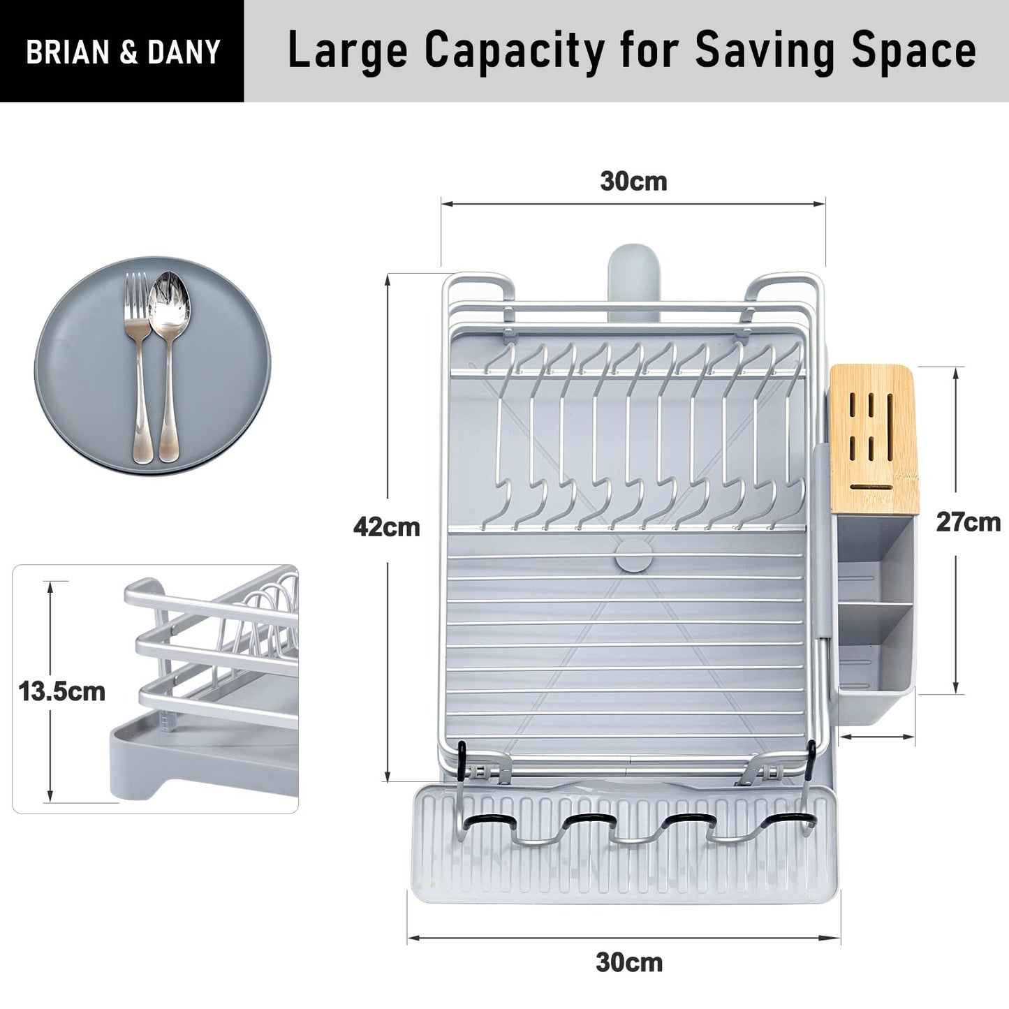 BRIAN & DANY Aluminum Dish Drainer, Dish Drying Rack with Removable Cutlery Holder & Cup Holder, Unique 360° Swivel Spout Drain Board, Grey