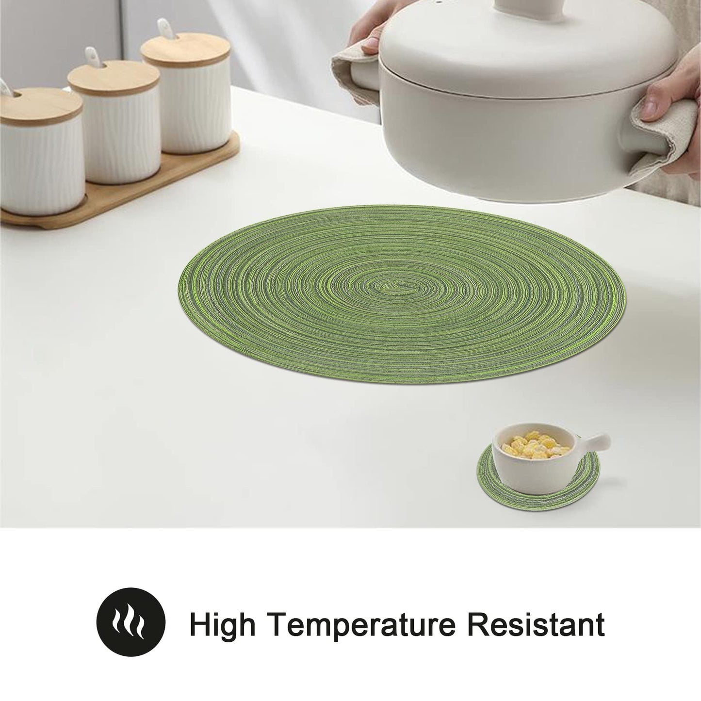 Pauwer Round Placemats and Coasters Set of 6, Green Non Slip Washbale Table Mats and Coasters Sets Heat Resistant Decor Table Place Mats 6pc placemats and 6pc coasters