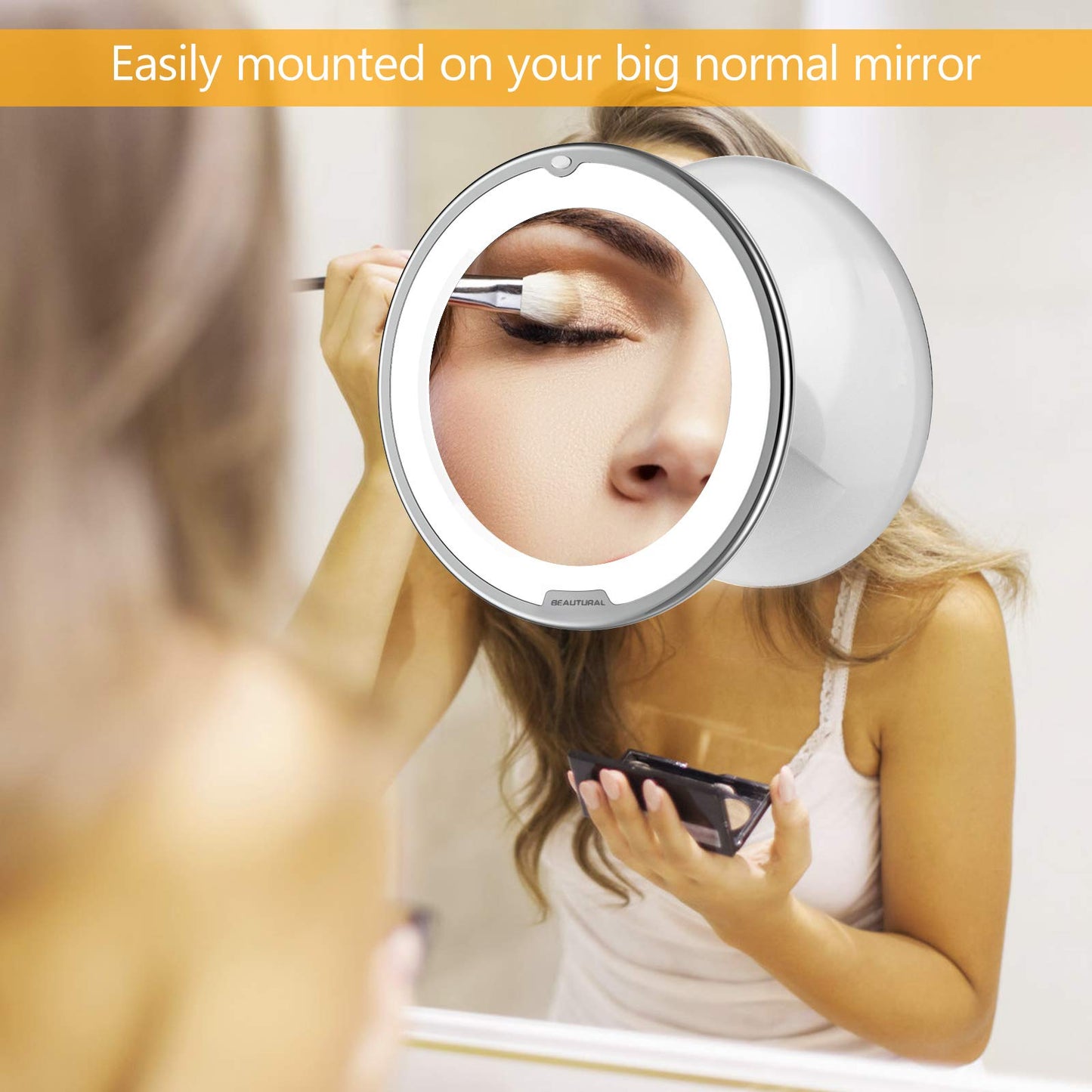 BEAUTURAL Makeup Mirror, 10X Magnifying Lighted Vanity Daylight White LED, Portable Illuminated Bathroom Mirror, 360 Degree Swivel Rotation and Locking Suction