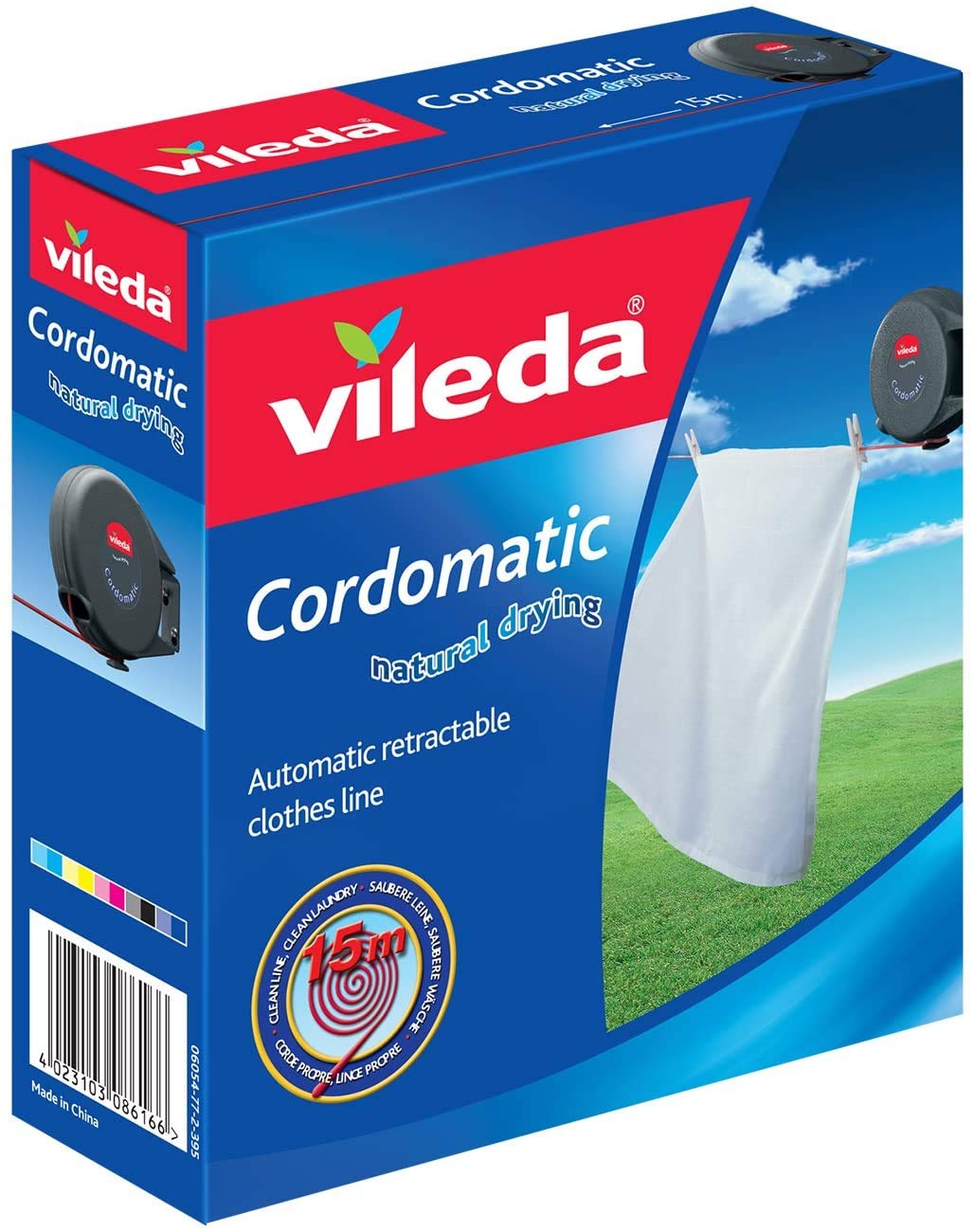 Vileda Cordomatic 15 Metre Automatic Retractable Clothes Line - Indoor outdoor Plastic washing line, Red